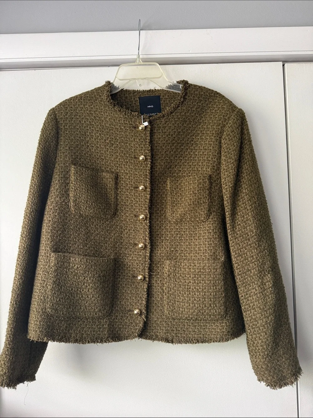 MNG Mango Wintour Tweed Jacket XXL Olive Green Brown Tan Jewel Buttons NWT - Picture 2 of 5